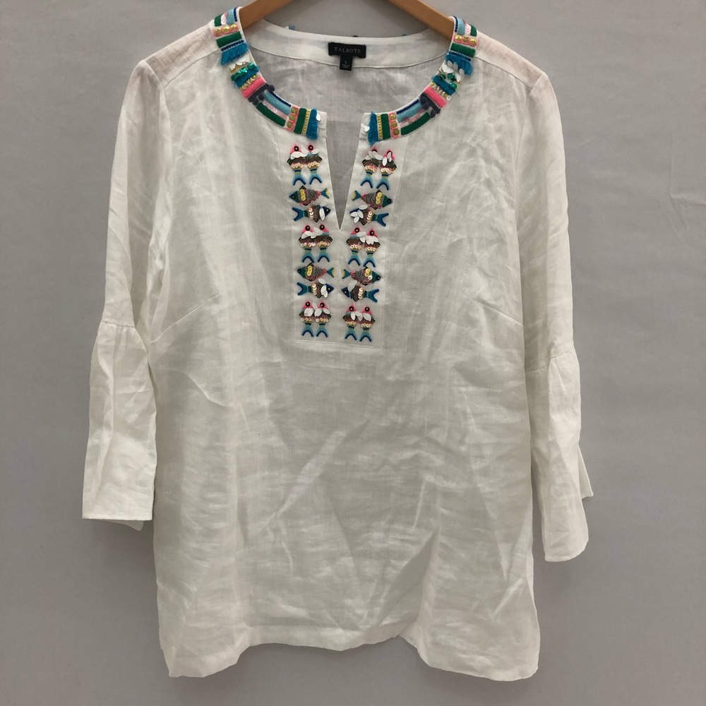 Talbots Ivory Linen Embellished Fish Top Sz L